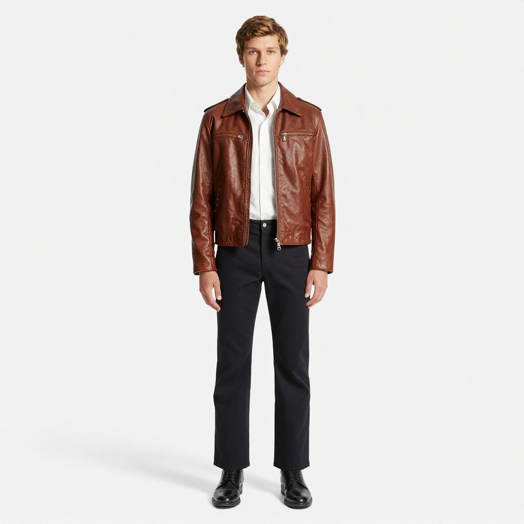 Young Man Wearing Brown Leather Jacket and Black Pants Fashion Style
