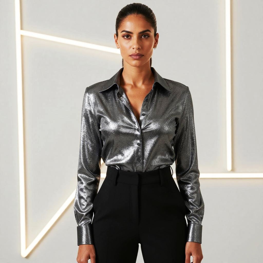Confident Woman Wearing Metallic Silver Blouse and Black Trousers in Modern Setting