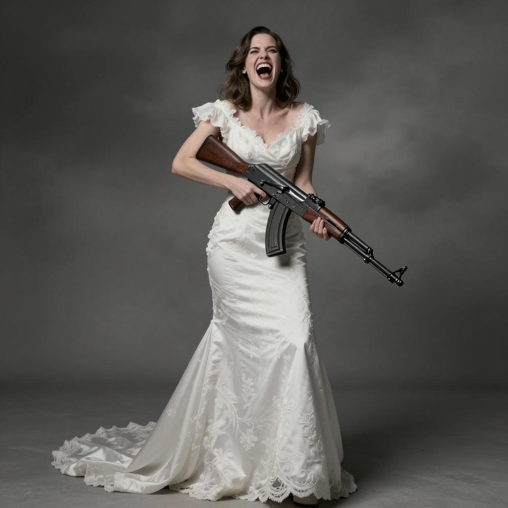 Woman in Wedding Dress Holding Rifle Dramatic Studio Portrait