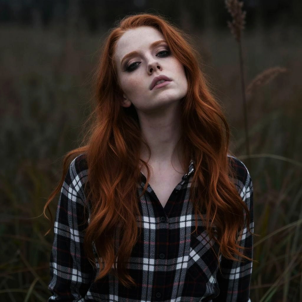 Moody Portrait of Red-Haired Woman in Plaid Shirt Outdoors