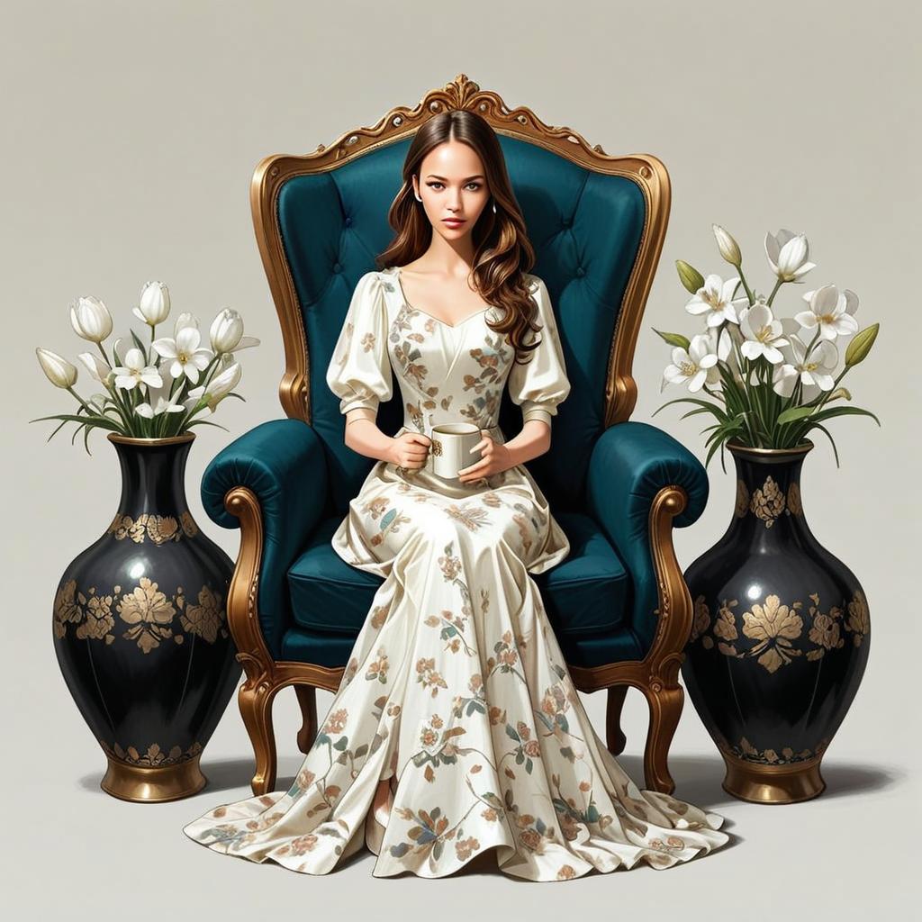 Elegant Woman in Floral Dress on Teal Armchair Elegant Woman in Floral Dress on Teal Armchair