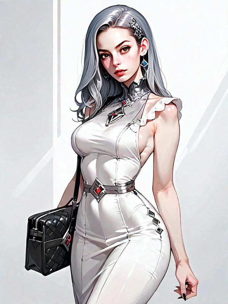 Futuristic Woman in Sleek White Bodycon Dress with Silver Hair and Black Handbag