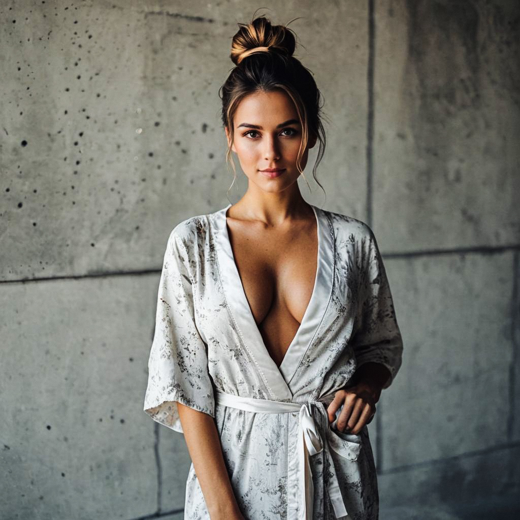 Confident Woman in Silky Robe Against Concrete Wall Confident Woman in Silky Robe Against Concrete Wall