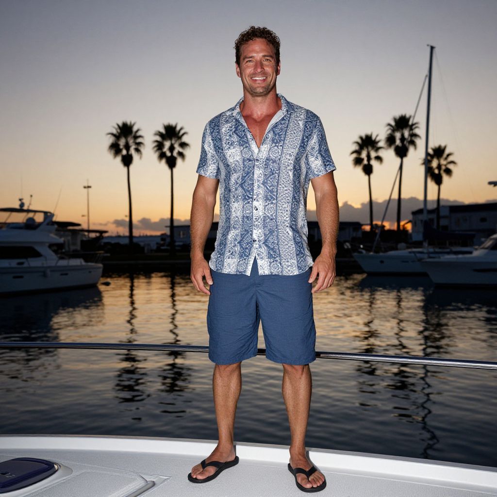 Man Standing on Boat at Sunset in Marina with Palm Trees