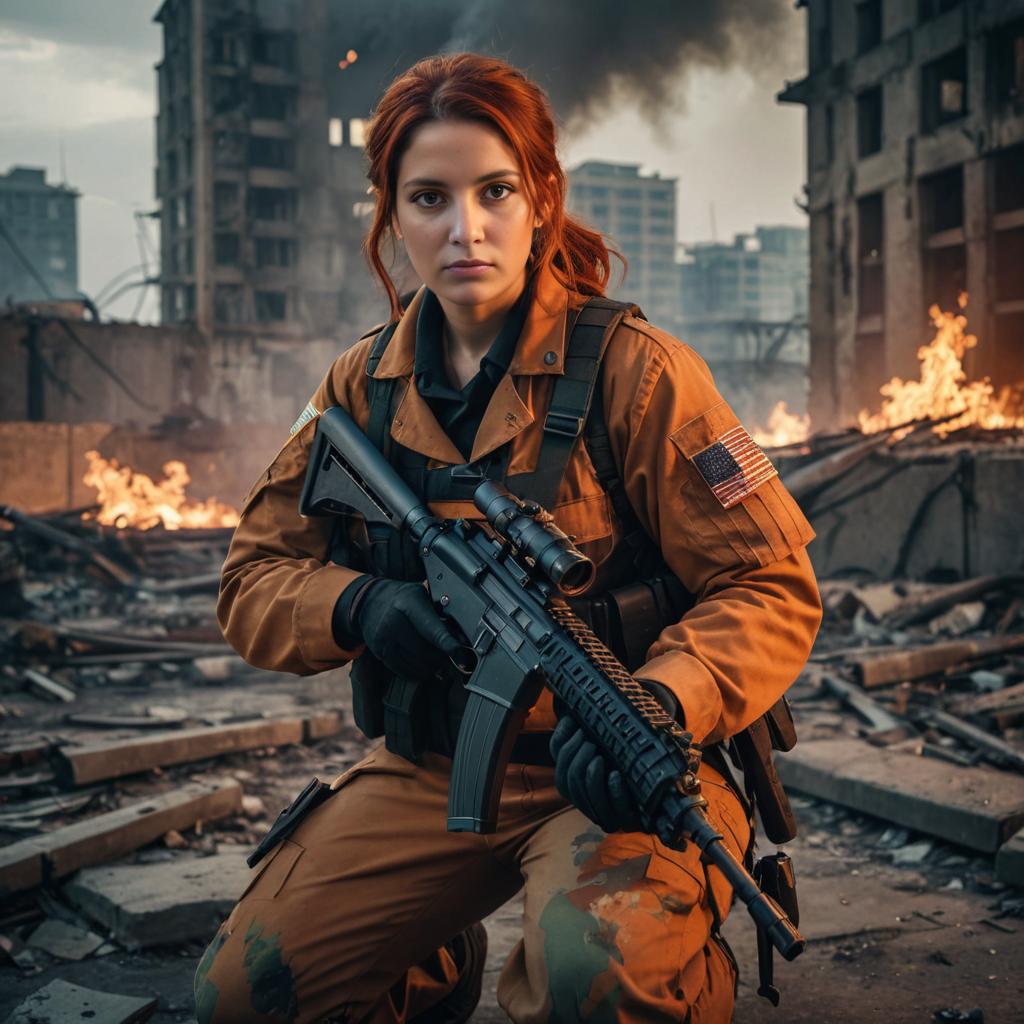 Determined Woman in War-Torn Environment