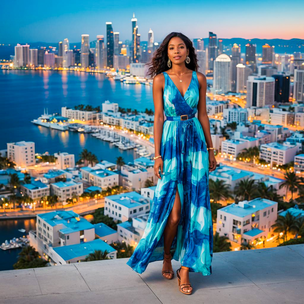 Elegant Woman in Blue Maxi Dress Overlooking Nighttime Coastal Cityscape