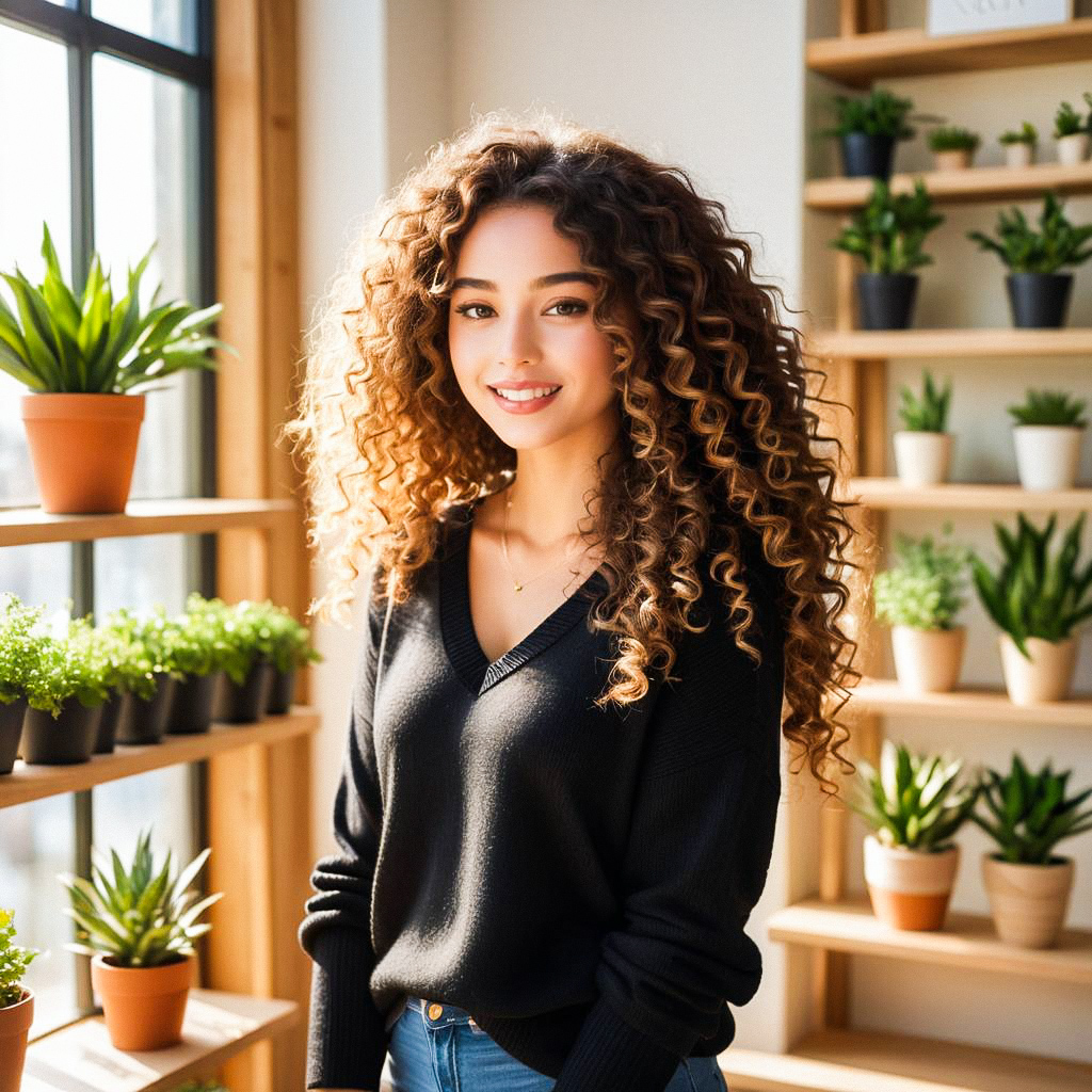 Smiling Woman with Curly Hair in Plant-Filled Room Smiling Woman with Curly Hair in Plant-Filled Room