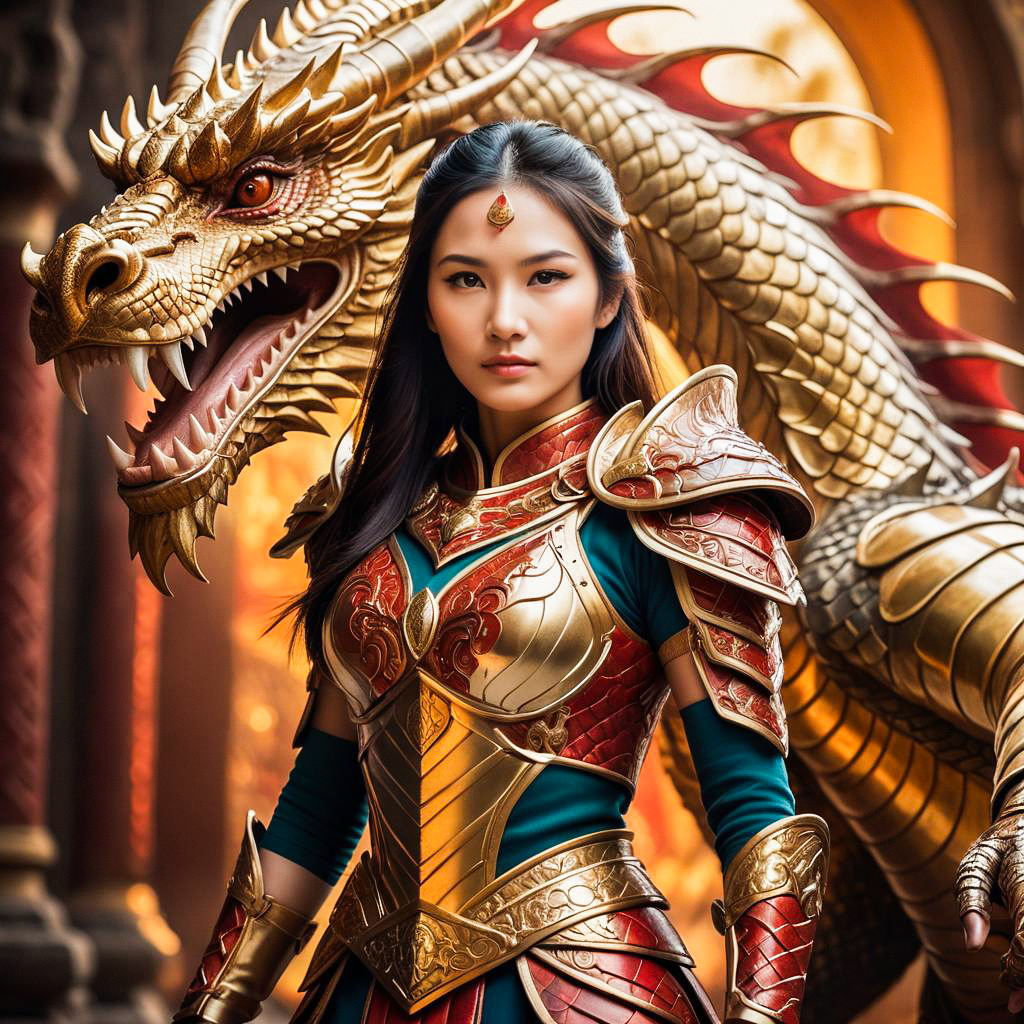 Confident Woman in Golden Armor with Dragon