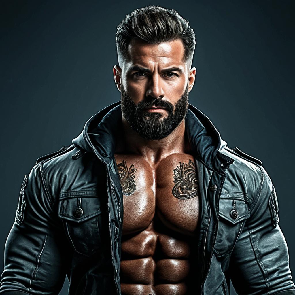 Muscular Man with Beard and Tattoos Wearing Open Jacket