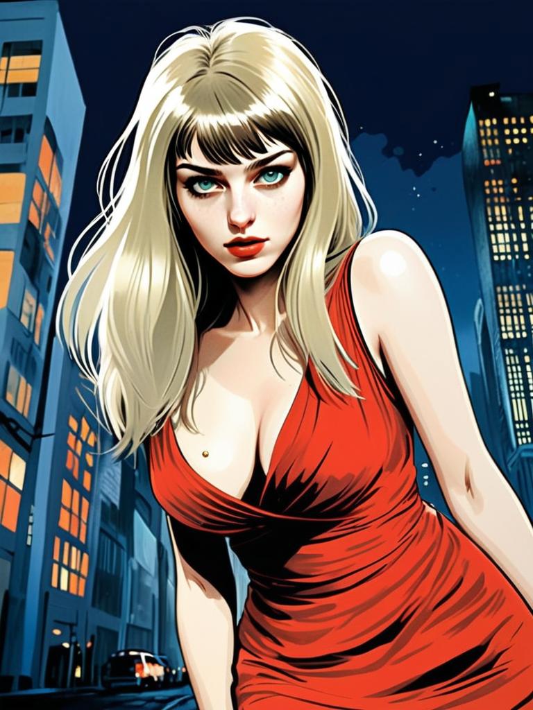 Digital Artwork of a Blonde Woman in Red Dress at Night Cityscape