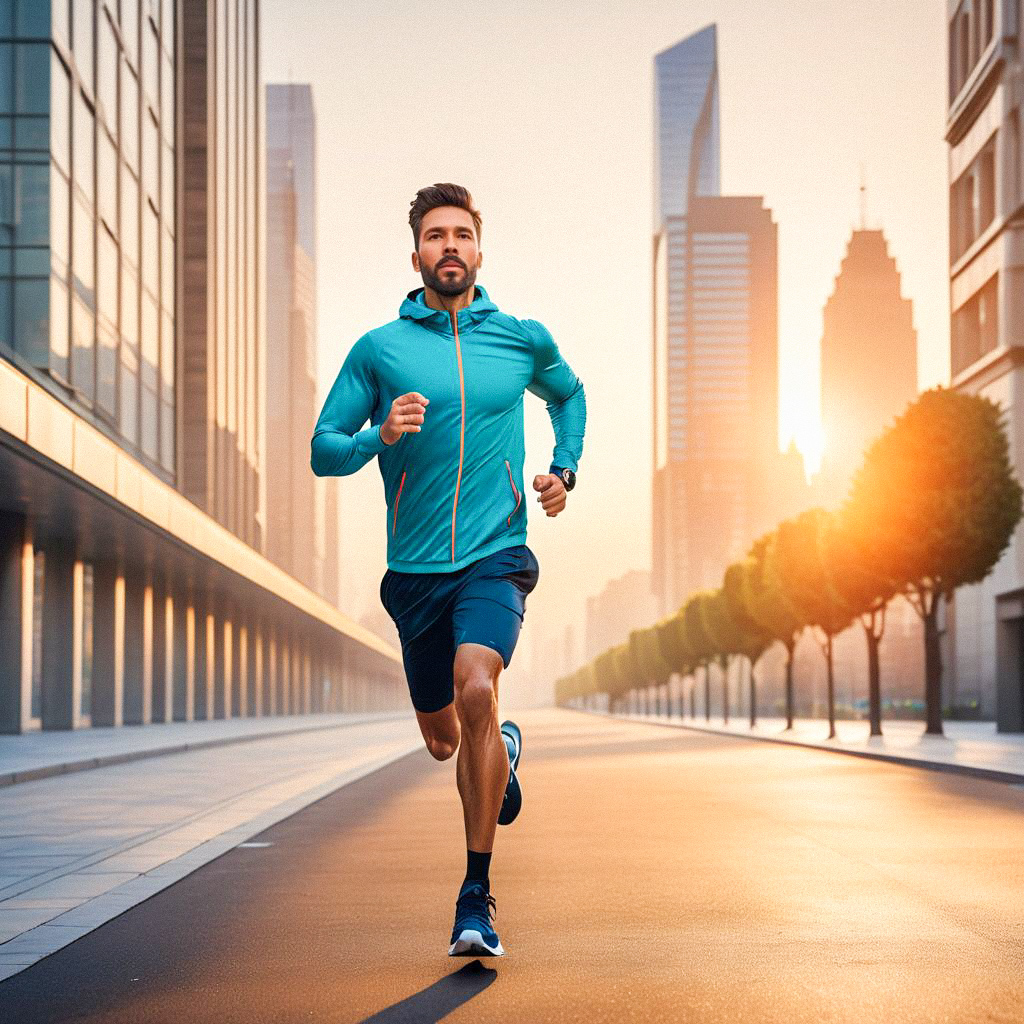 Athletic man running in urban sunrise Athletic man running in urban sunrise