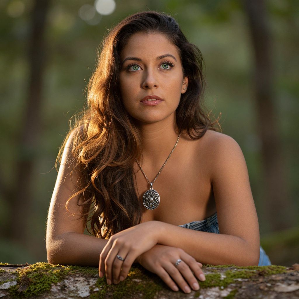 Young Woman Leaning on Mossy Log in Forest Portrait vllm26041523247jub