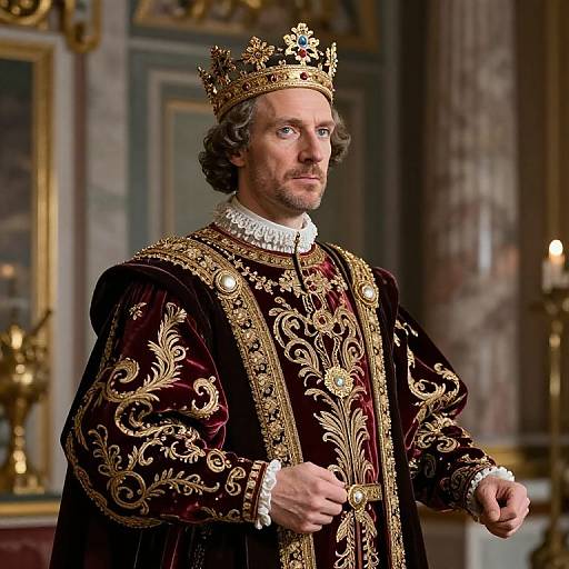 Historical Royal King in Ornate Velvet and Gold Embroidered Robe with Crown