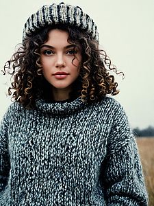 Curly Haired Woman in Knitted Sweater and Beanie Outdoors