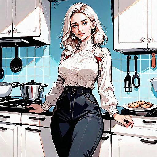 Anime Style Woman in Modern Kitchen with Stylish Outfit