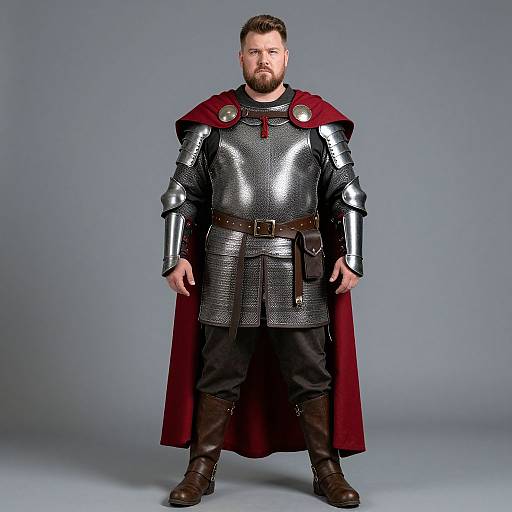 Medieval Knight Costume with Red Cape and Chainmail Armor