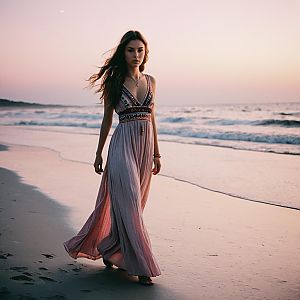 Woman Walking on Beach at Sunset in Bohemian Maxi Dress