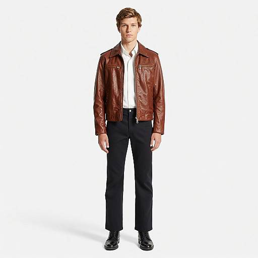 Young Man Wearing Brown Leather Jacket and Black Pants Fashion Style