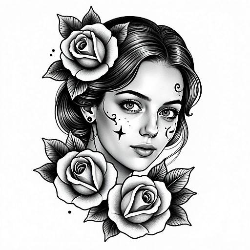 Black and White Digital Portrait of Woman with Roses and Facial Tattoo Art