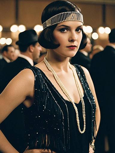 Beautiful Woman in 1920s Flapper Dance Costume with Pearl Necklace