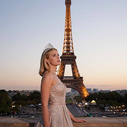 Elegant Woman in Evening Gown with Tiara at Eiffel Tower at Dusk