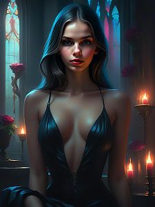 Ethereal Woman in Black Dress with Gothic Background