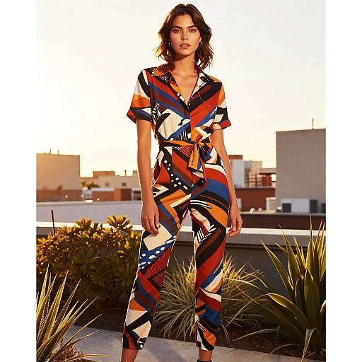 Confident Woman Wearing Colorful Geometric Jumpsuit on Rooftop