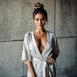 Confident Woman in Silky Robe Against Concrete Wall