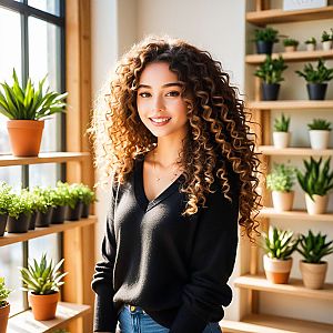 Smiling Woman with Curly Hair in Plant-Filled Room