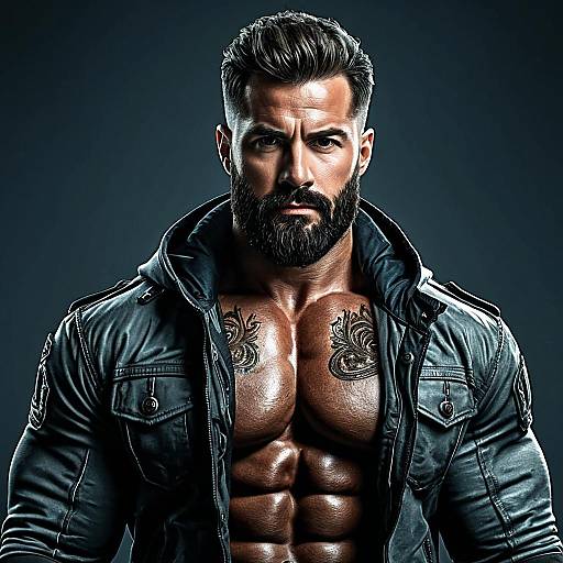 Muscular Man with Beard and Tattoos Wearing Open Jacket