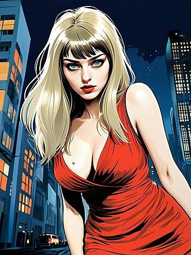 Digital Artwork of a Blonde Woman in Red Dress at Night Cityscape