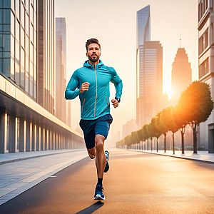 Athletic man running in urban sunrise