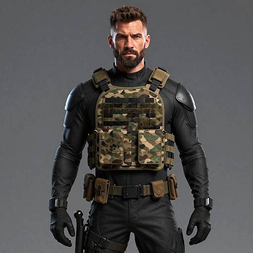 Man in Tactical Gear Wearing Camouflage Bulletproof Vest and Black Gloves