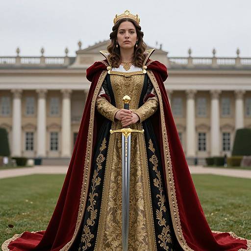 Regal Woman in Ornate Medieval Gown Holding Sword in Front of Palace