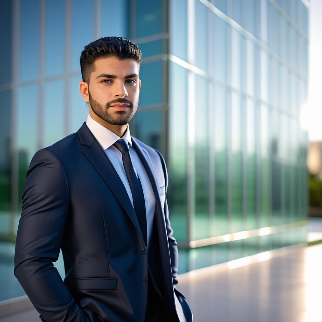 Confident Man in Tailored Suit Against Modern Architecture