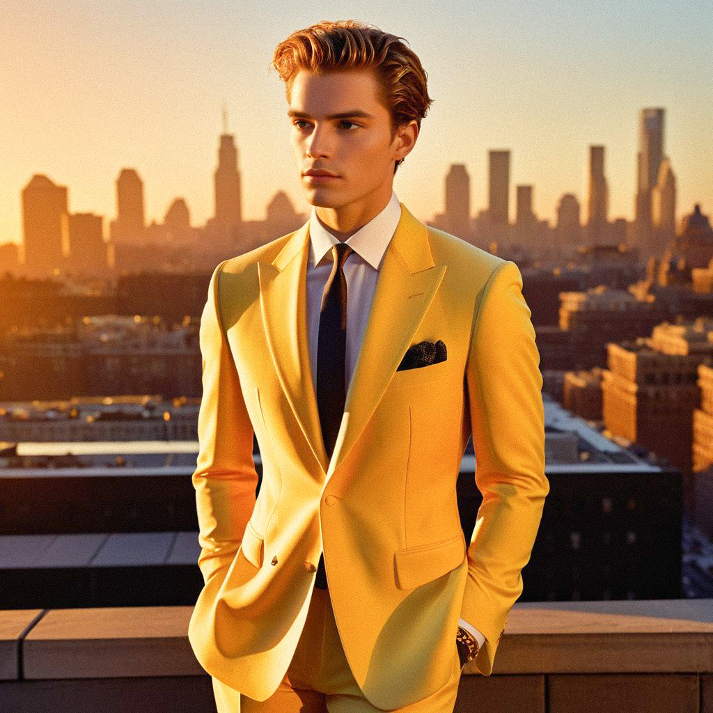 Stylish Young Man in Yellow Suit at Sunset Skyline