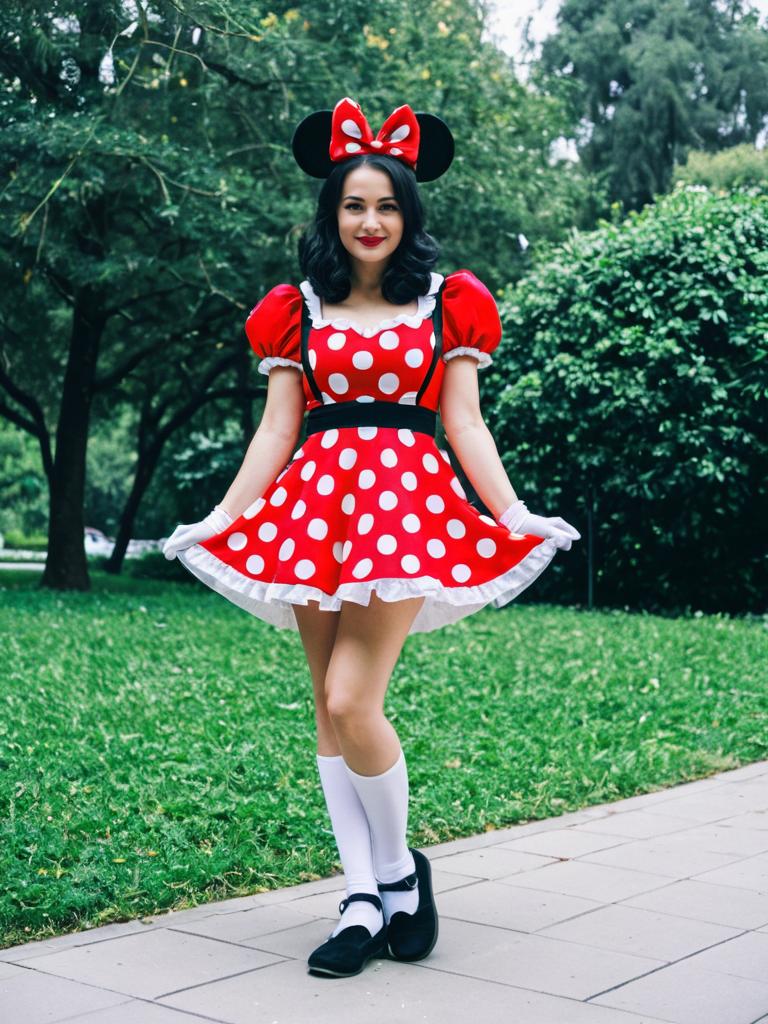 Woman in Minnie Mouse Costume Full Body Cosplay Outdoors