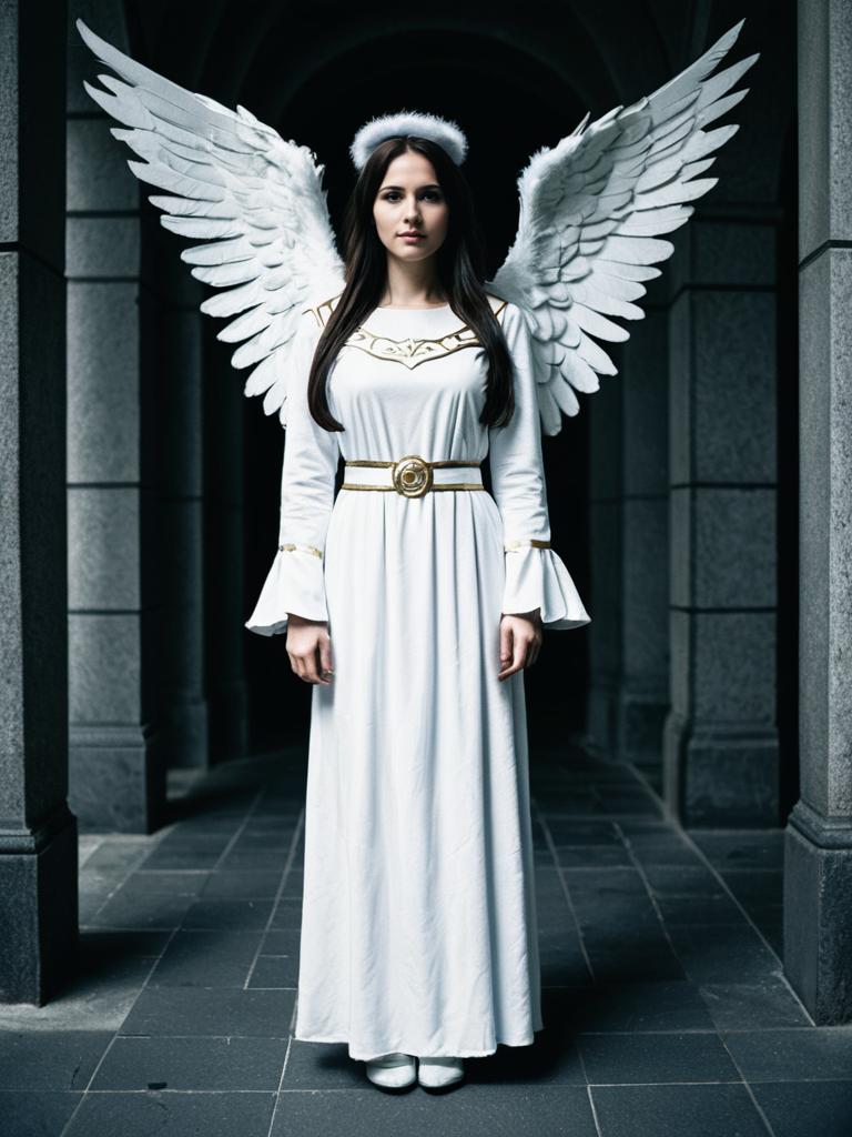 Woman in Angel Costume Full Body Cosplay Photo Cinematic Realism