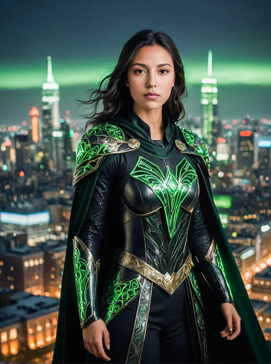 Woman in Metallic Armor with Green Designs Against City Skyline