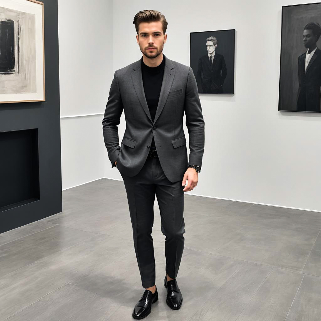 Stylish Man in Gray Suit with Modern Art