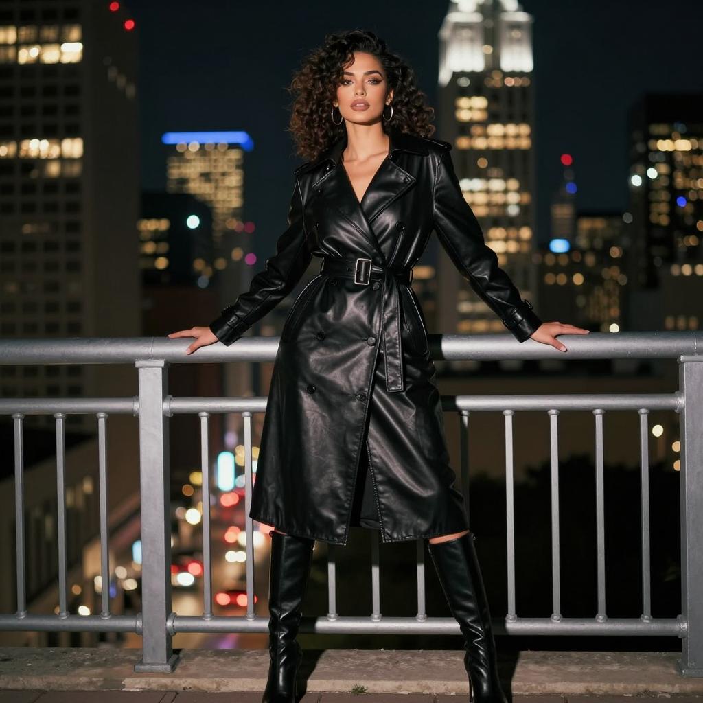 Stylish Woman in Black Leather Trench Coat and Boots Posing on Urban Rooftop at Night