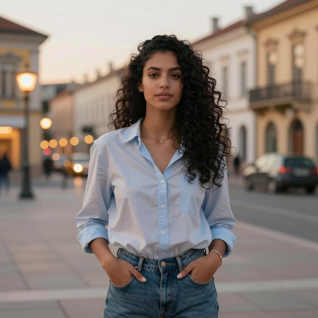 Young Woman in Casual Gen Z Fashion on City Street at Dusk