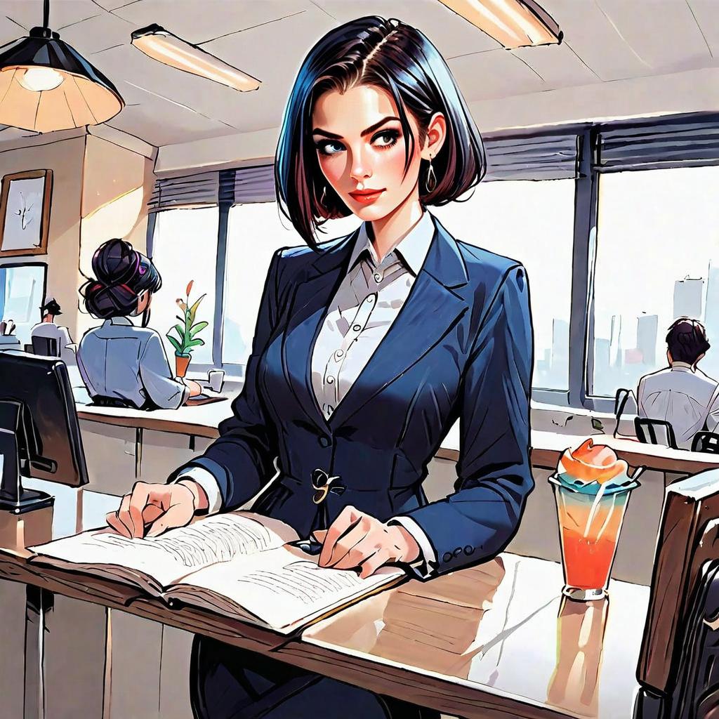 Stylish Woman Reading Book in Modern Office Digital Illustration