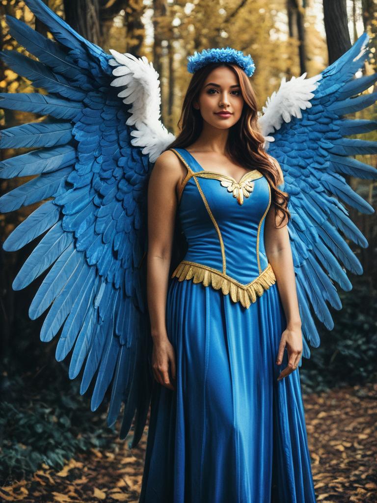 Photorealistic Fantasy Portrait of Woman in Blue Angel Wings Costume