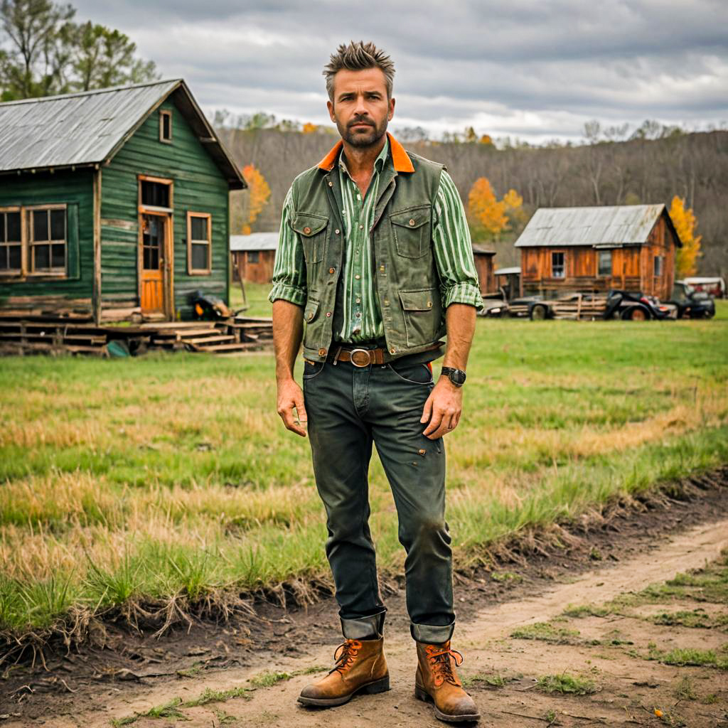 Rugged Man in Country Outfit Standing in Rural Countryside with Wooden Cabins