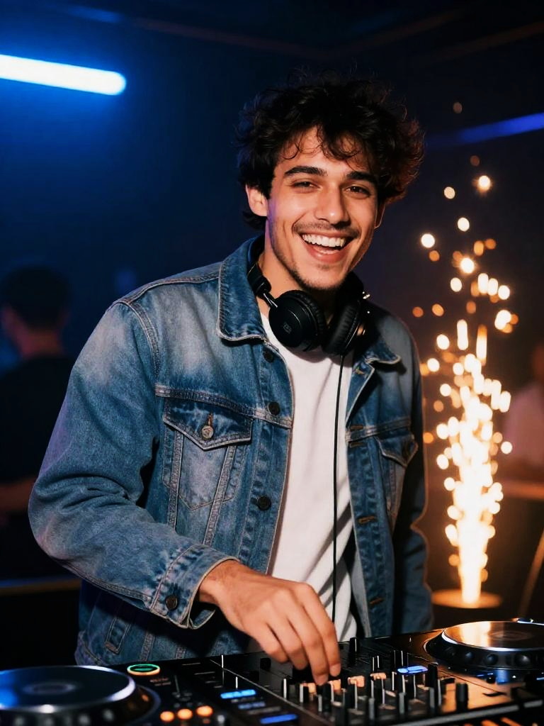 Gen Z DJ Smiling and Mixing Music at Vibrant Nightclub Party
