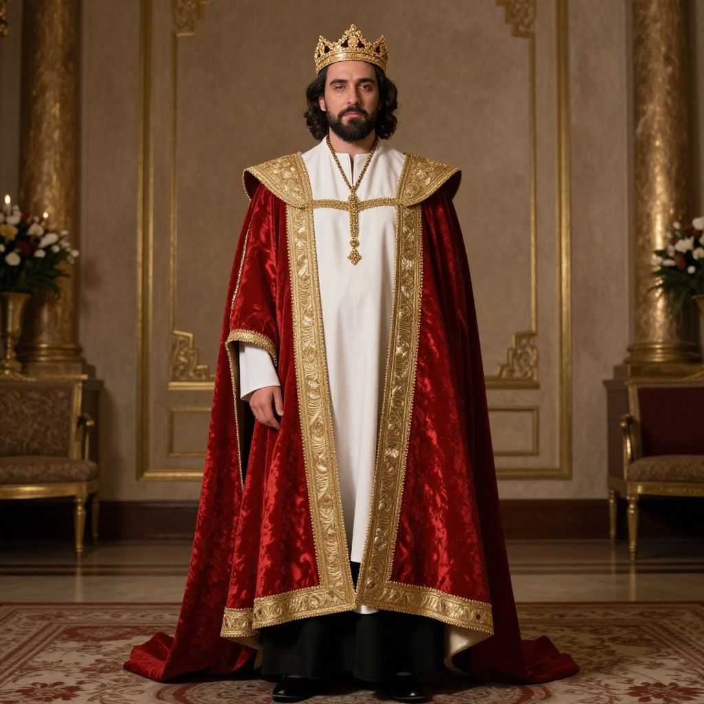 Man Wearing Regal Red Velvet Royal Cloak and Gold Crown in Grand Room