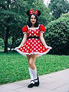 Woman in Minnie Mouse Costume Full Body Cosplay Outdoors