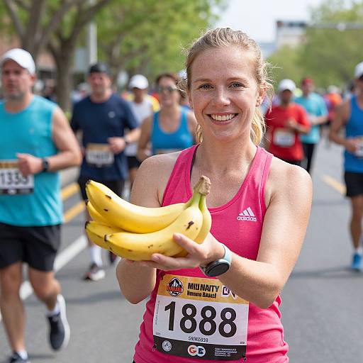 Smiling Female Marathon Runner Holding Bananas During Race