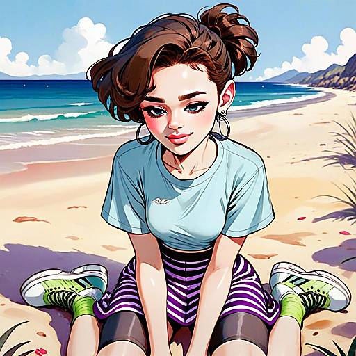 Digital Anime Style Portrait of Young Woman on Beach